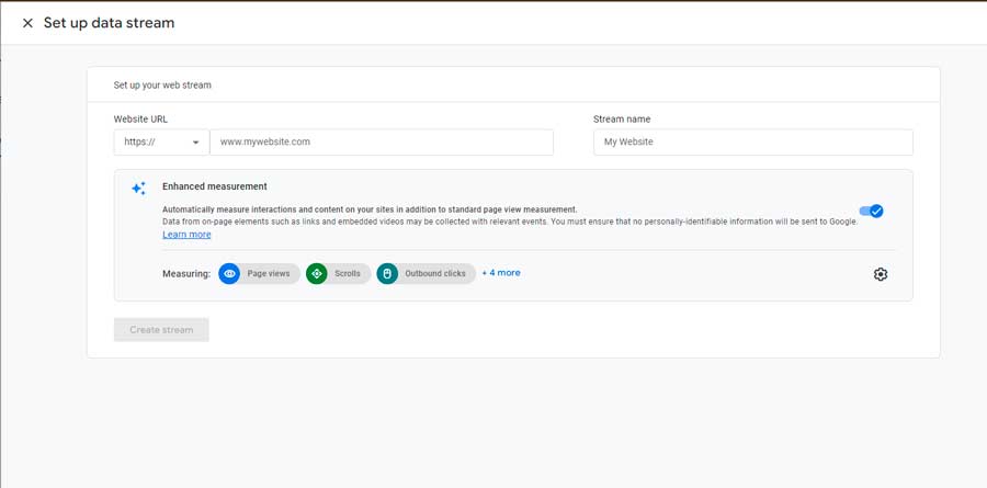 adding data stream in ga4